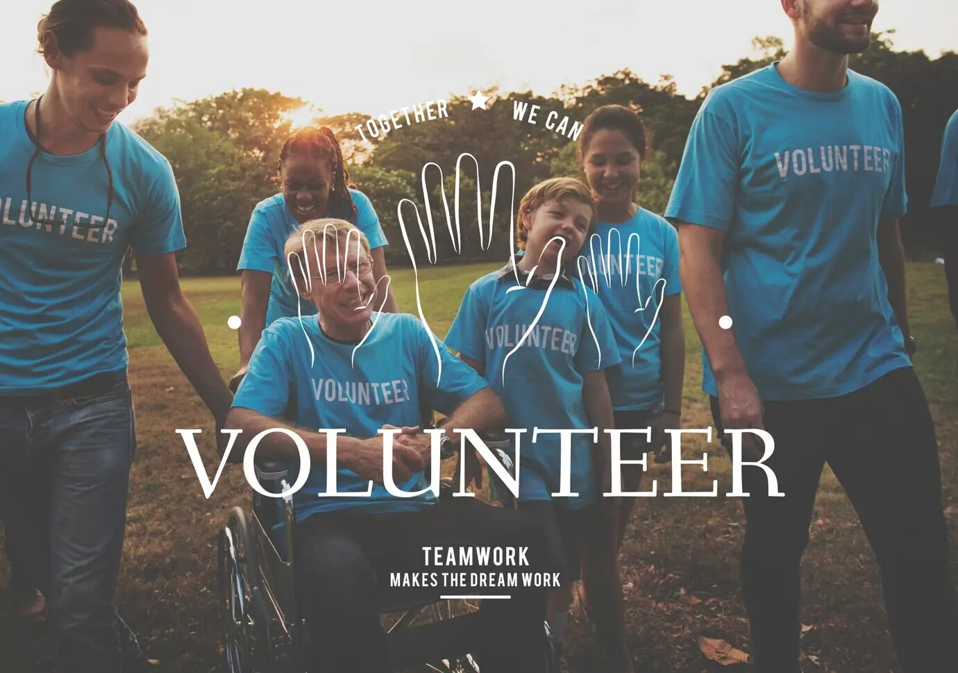 Grafik „Helfende Hände“ zur Freiwilligenunterstützung und zum gemeinnützigen Dienst.